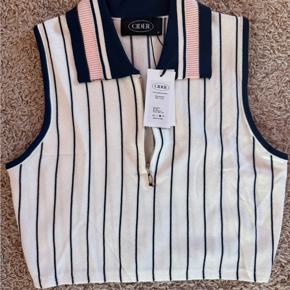 Cider Navy and Pink Striped Collared Top